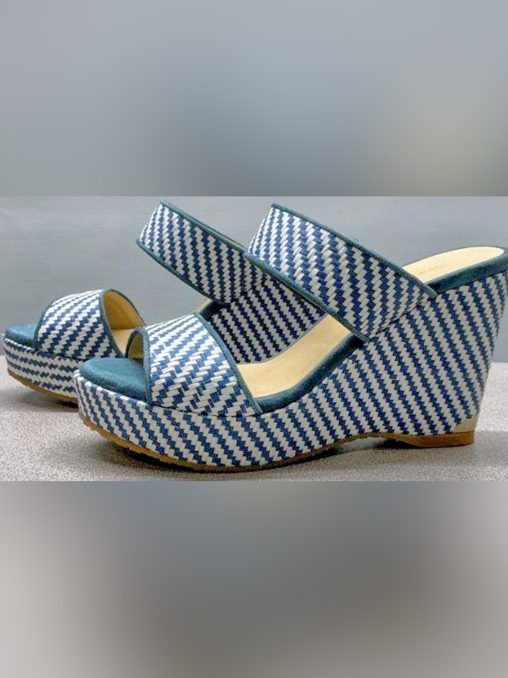 Jimmy Choo Parker Wedge Sandals Blue White Raffia Stripe Platform Mule Italy 38